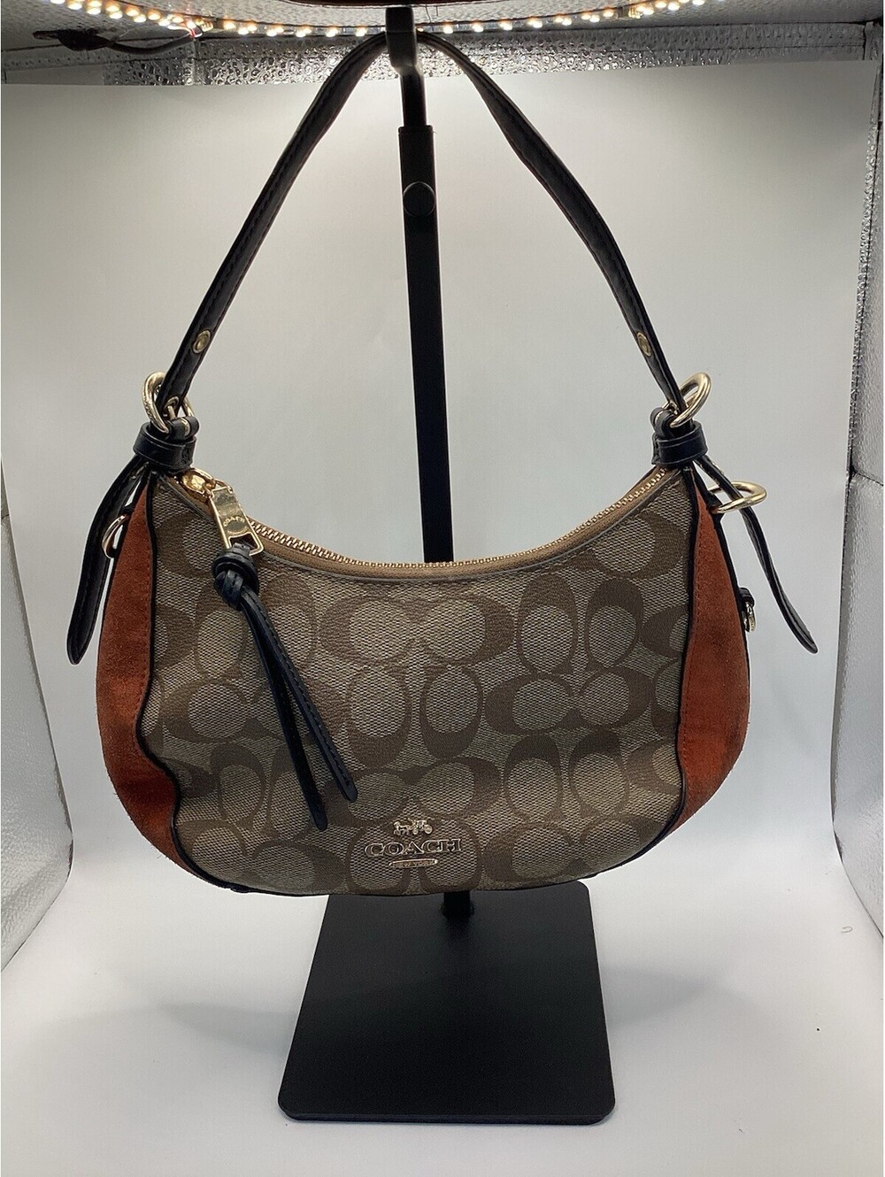 Coach Khleo Brown Signature Canvas Hobo With Suede Trim